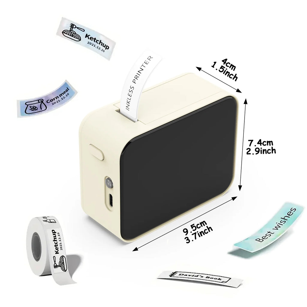 Mini portable thermal printer in cream color with a sleek black front. Labels like "Ketchup" and "Best Wishes" displayed.