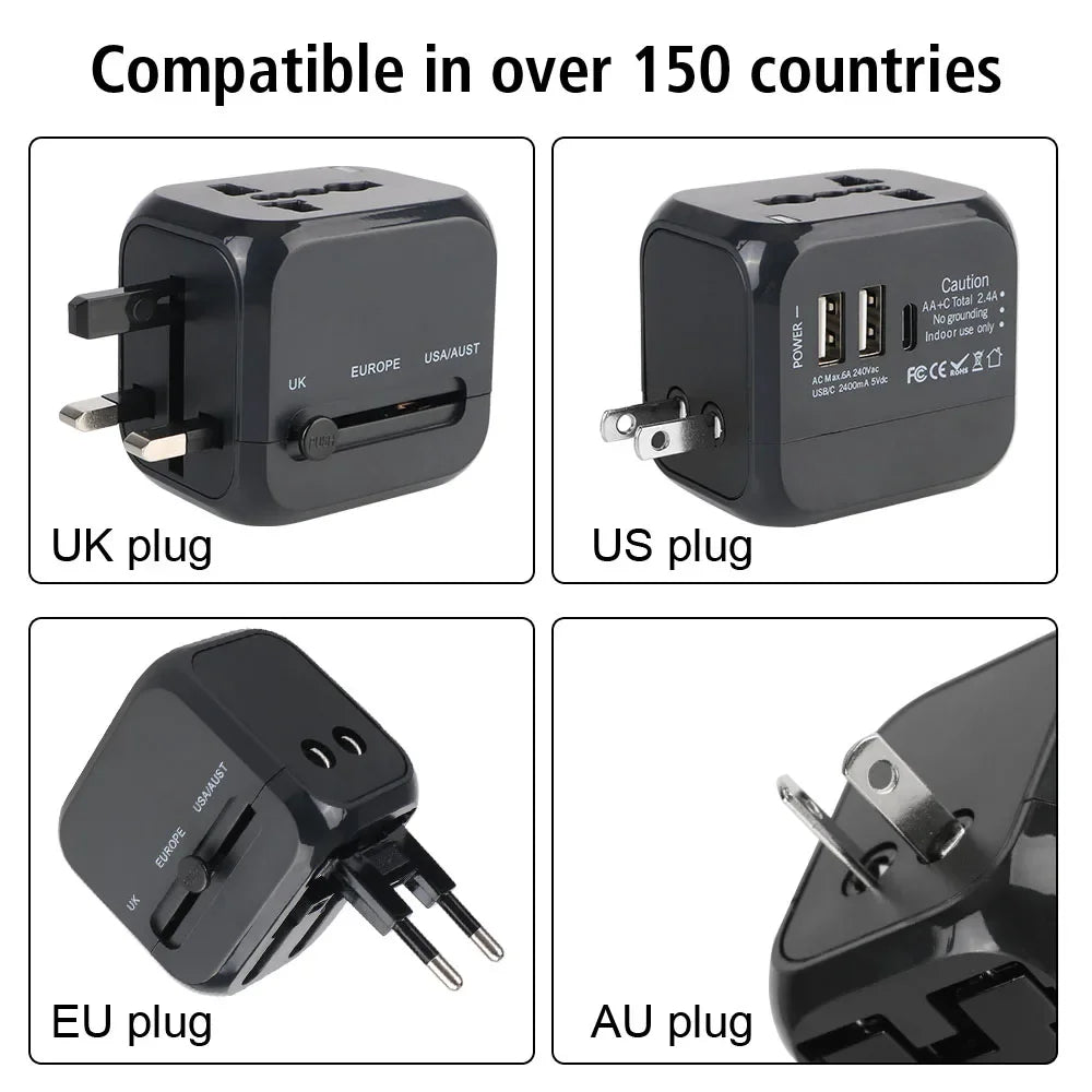 Universal Travel Adapter with USB & USB-C Fast Charging | US, EU, UK & AU Plug | All-in-One International Charger
