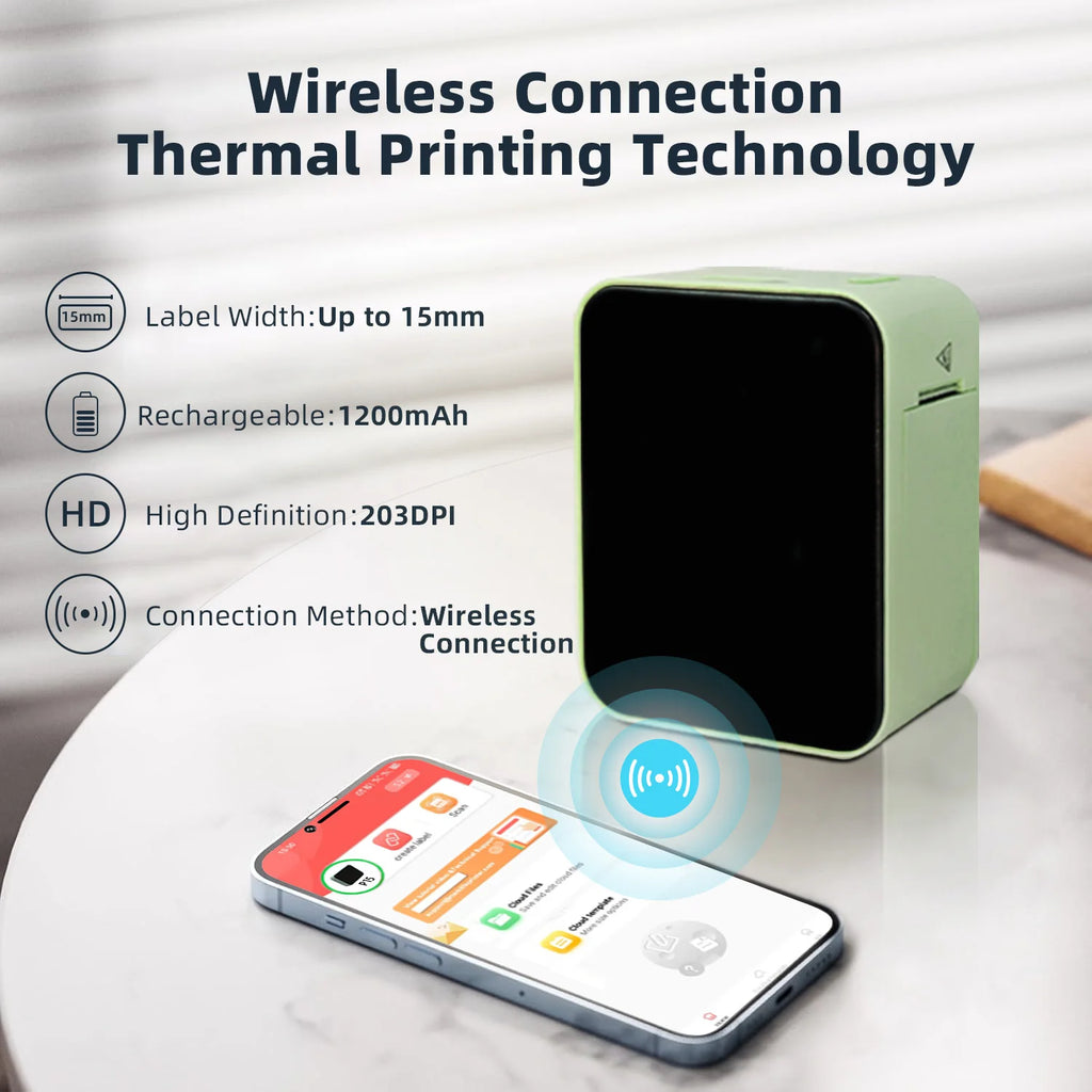 Mini portable thermal printer in light green, with a smooth finish and wireless connection symbol next to a smartphone displaying an app.