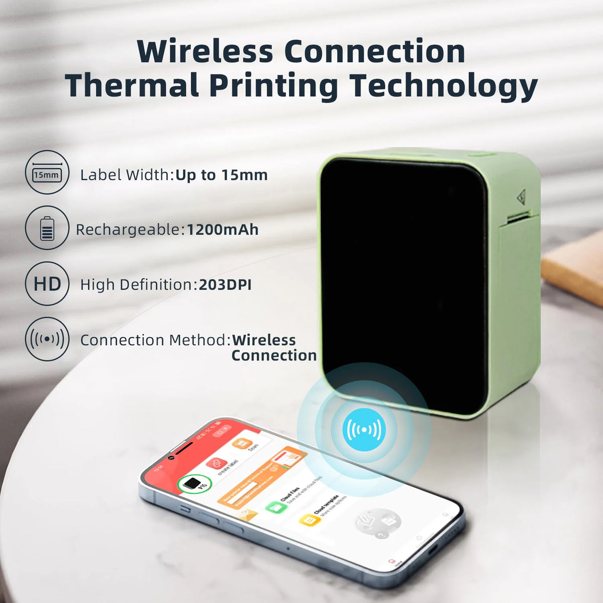 Mini portable thermal printer in light green, with a smooth finish and wireless connection symbol next to a smartphone displaying an app.