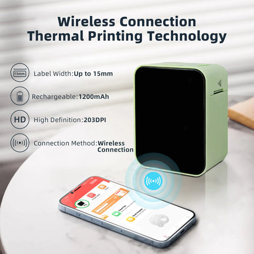 Mini portable thermal printer in light green, with a smooth finish and wireless connection symbol next to a smartphone displaying an app.
