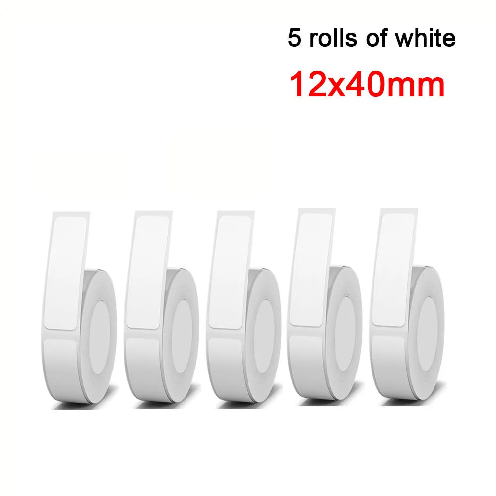 Five rolls of white adhesive label tape, each measuring 12x40mm, displayed side by side.
