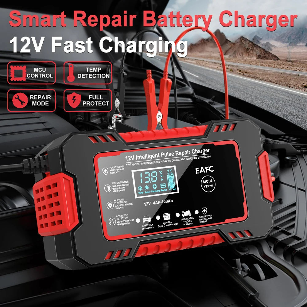 🔋 12V 6A Smart Car Battery Charger with LCD Display & Pulse Repair