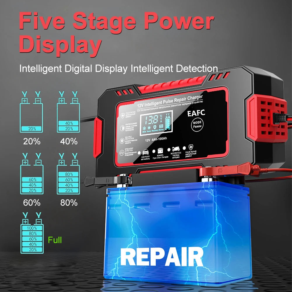 🔋 12V 6A Smart Car Battery Charger with LCD Display & Pulse Repair