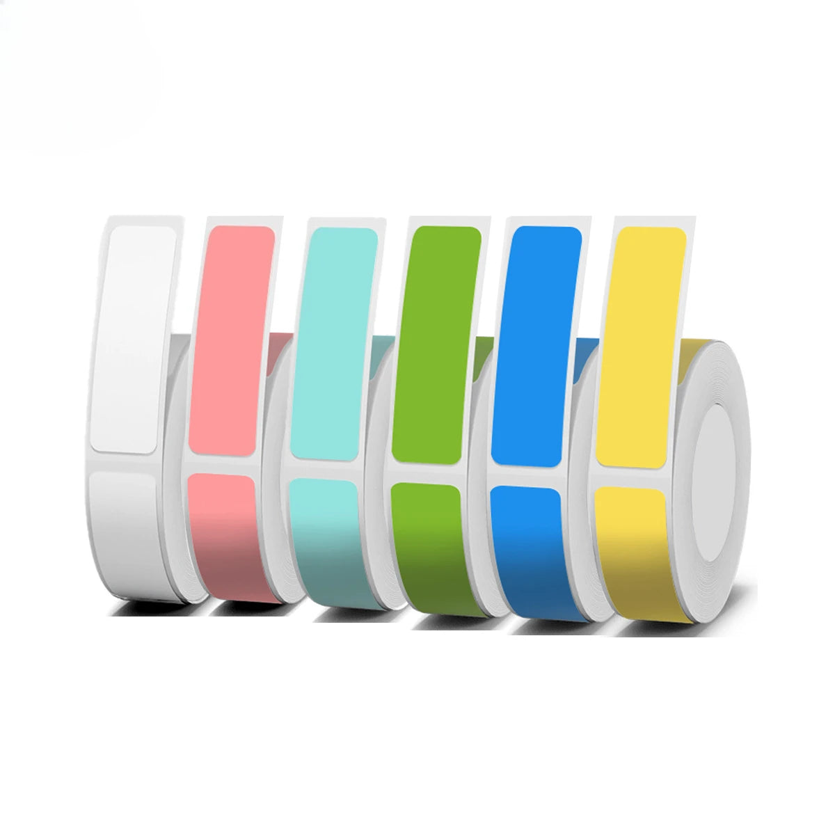 Colorful label stickers in rolls, featuring white, pink, light blue, green, blue, and yellow options, designed for a thermal printer.