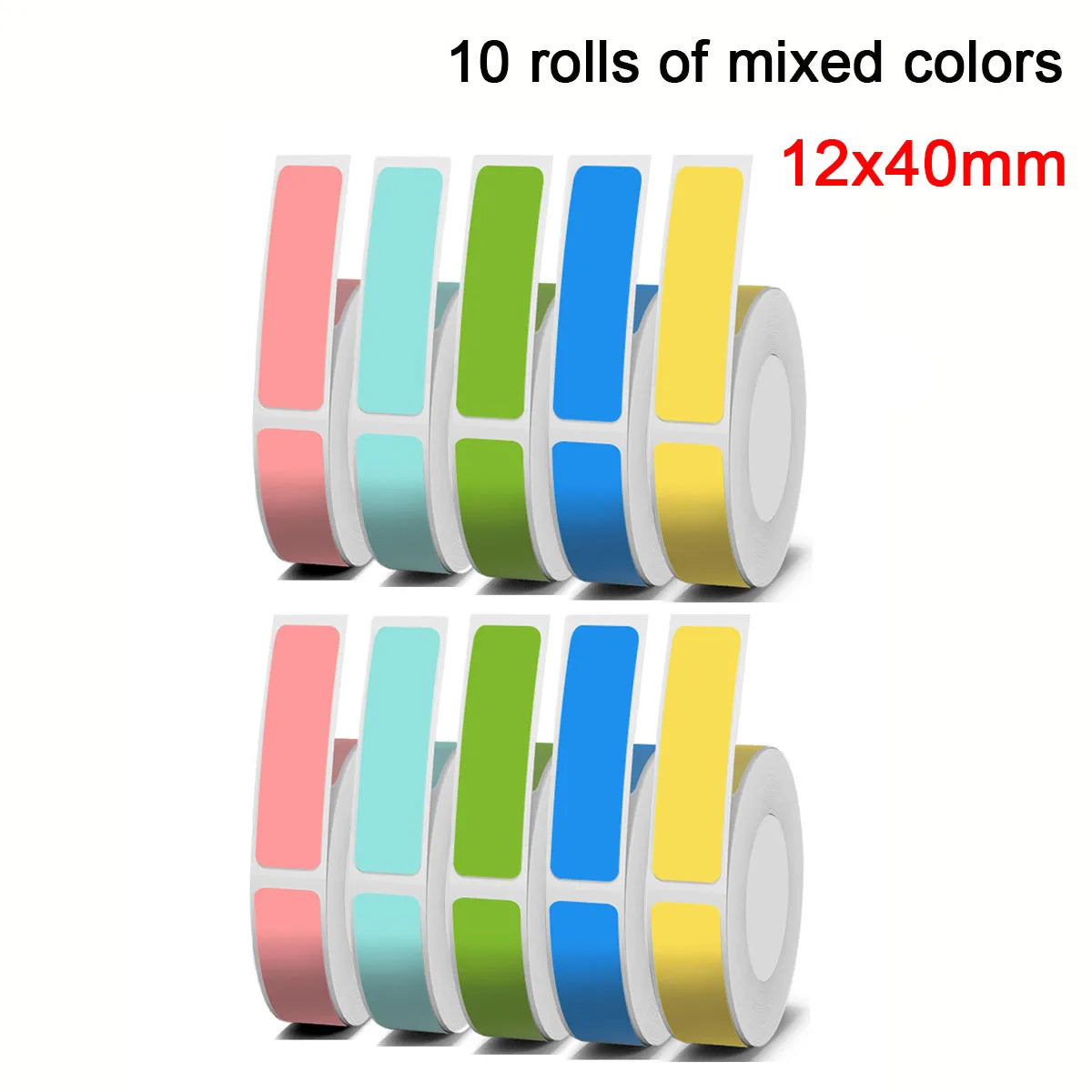 Ten rolls of adhesive labeling stickers in mixed colors, each measuring 12x40mm, neatly arranged.