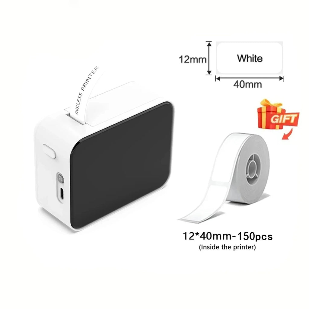 Mini portable thermal printer in white with a black front, featuring a roll of labels beside it.
