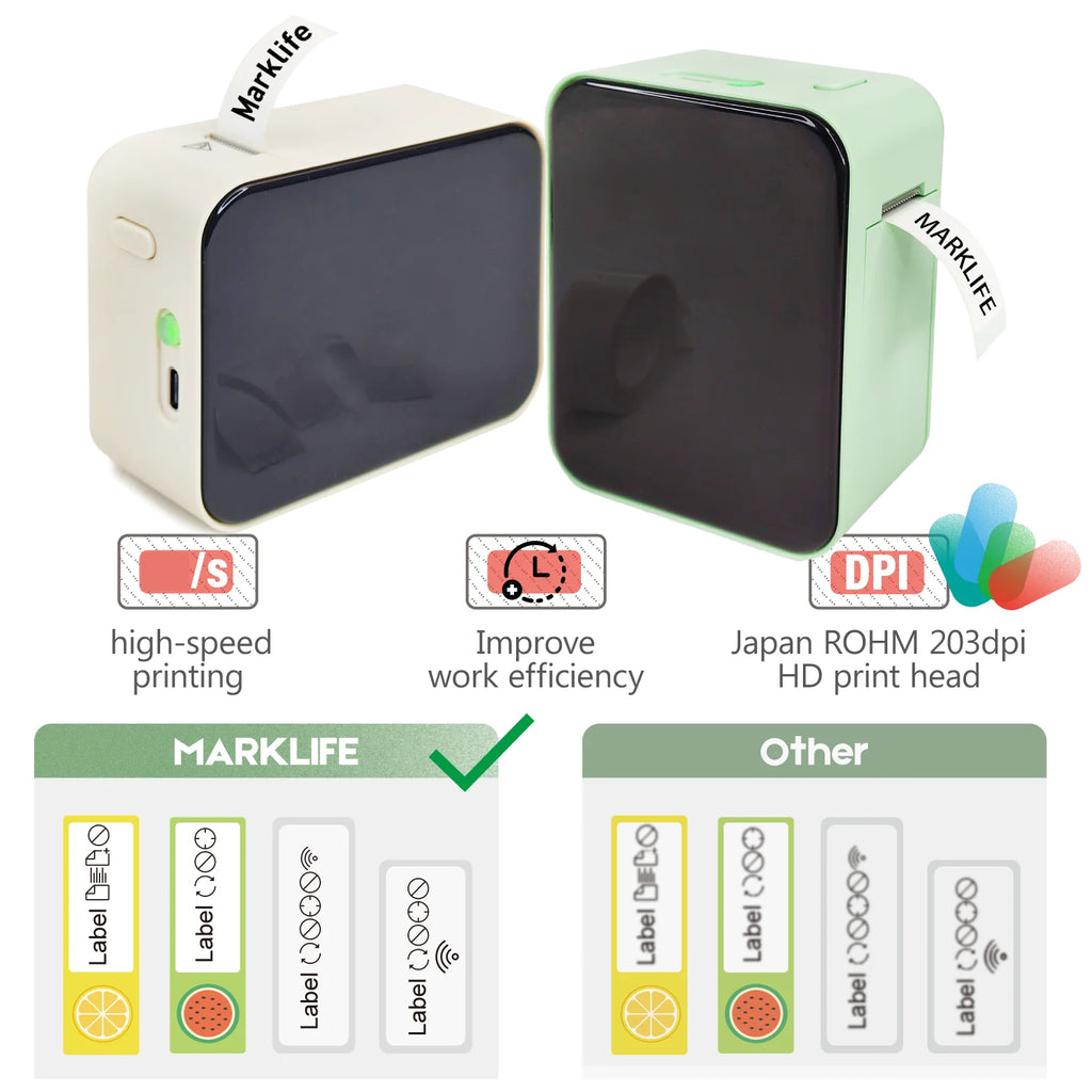Mini portable thermal printer in cream and green, featuring Bluetooth connectivity and a sleek design for home or office use.