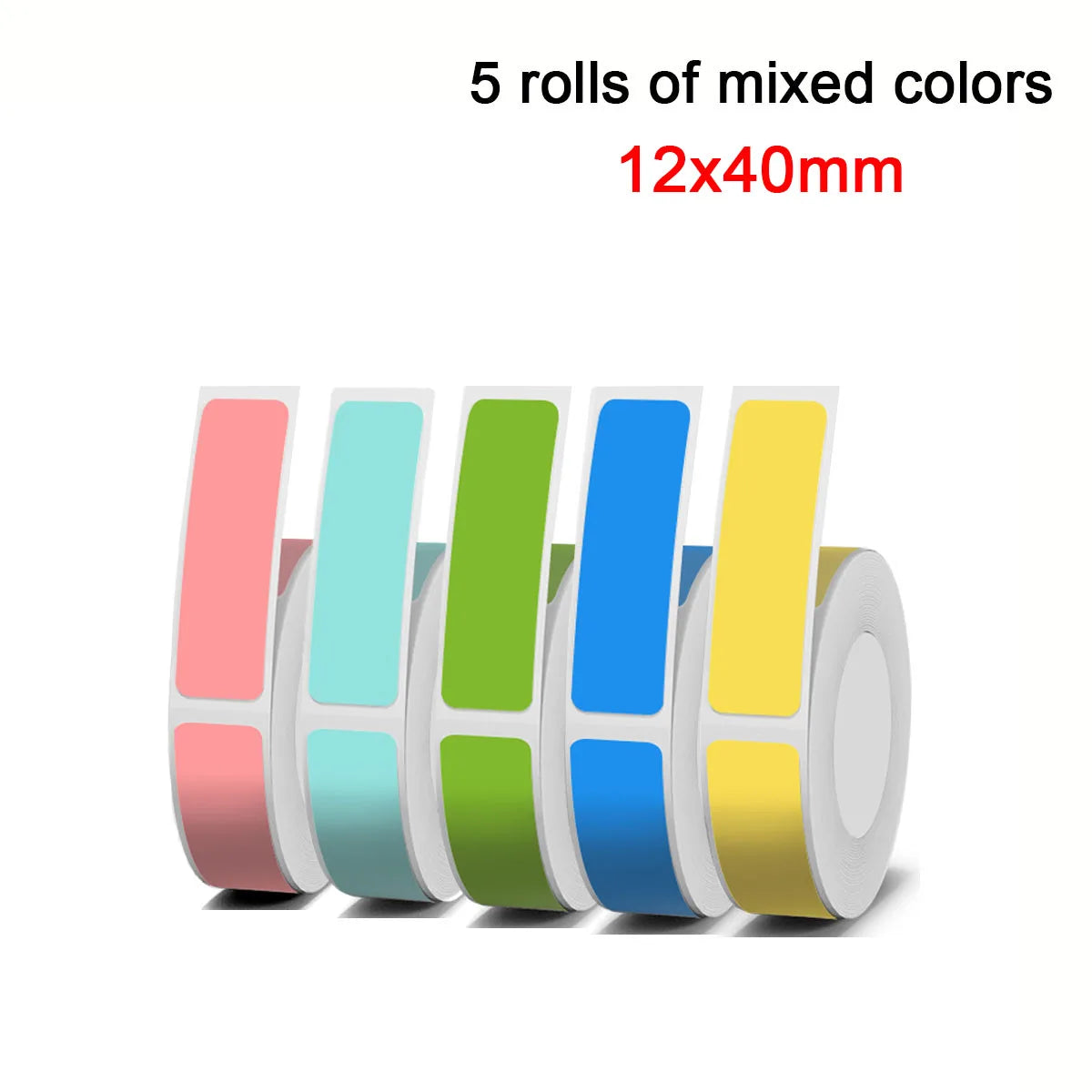 Five rolls of mixed-color adhesive labels in pink, light blue, green, blue, and yellow, each measuring 12x40mm.