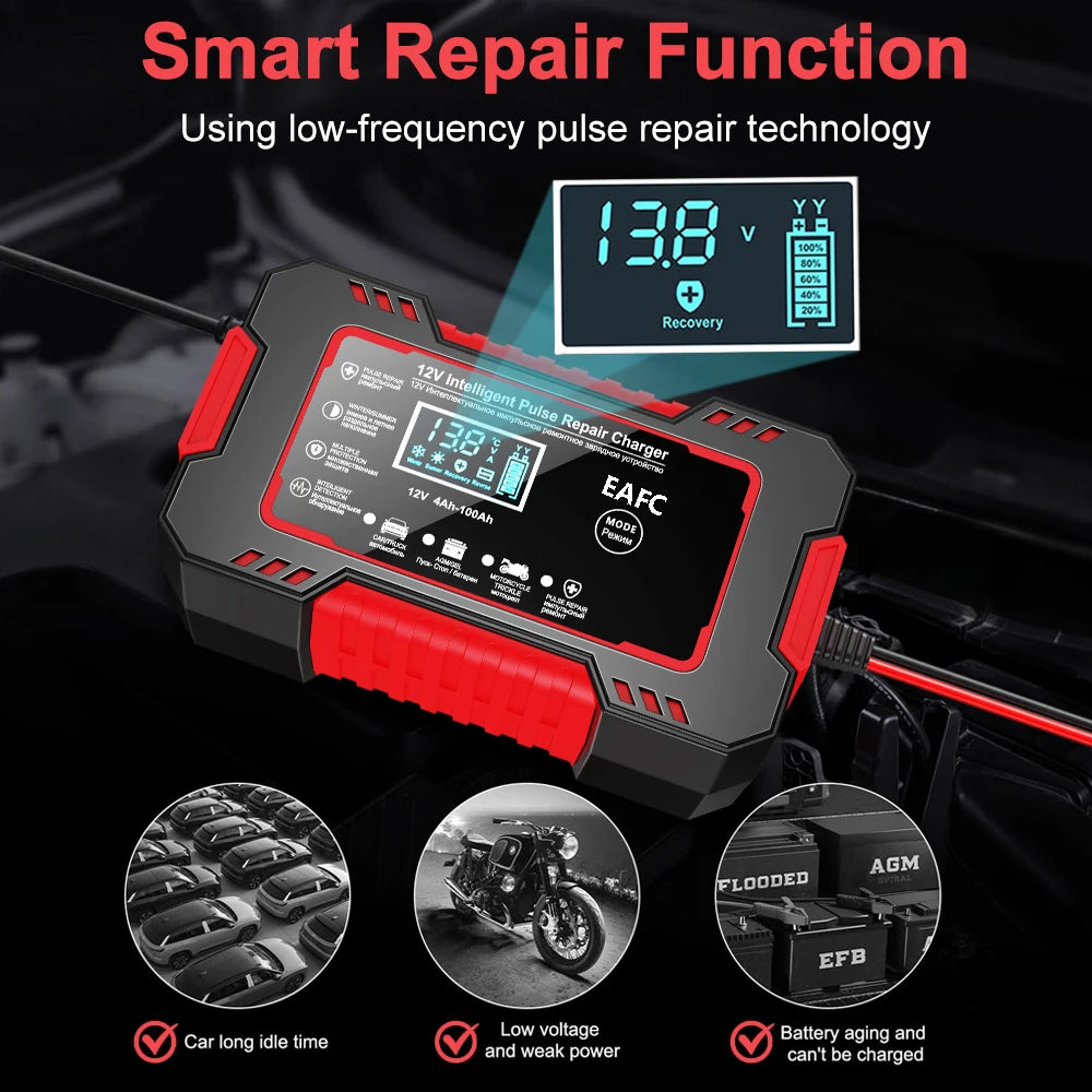 🔋 12V 6A Smart Car Battery Charger with LCD Display & Pulse Repair