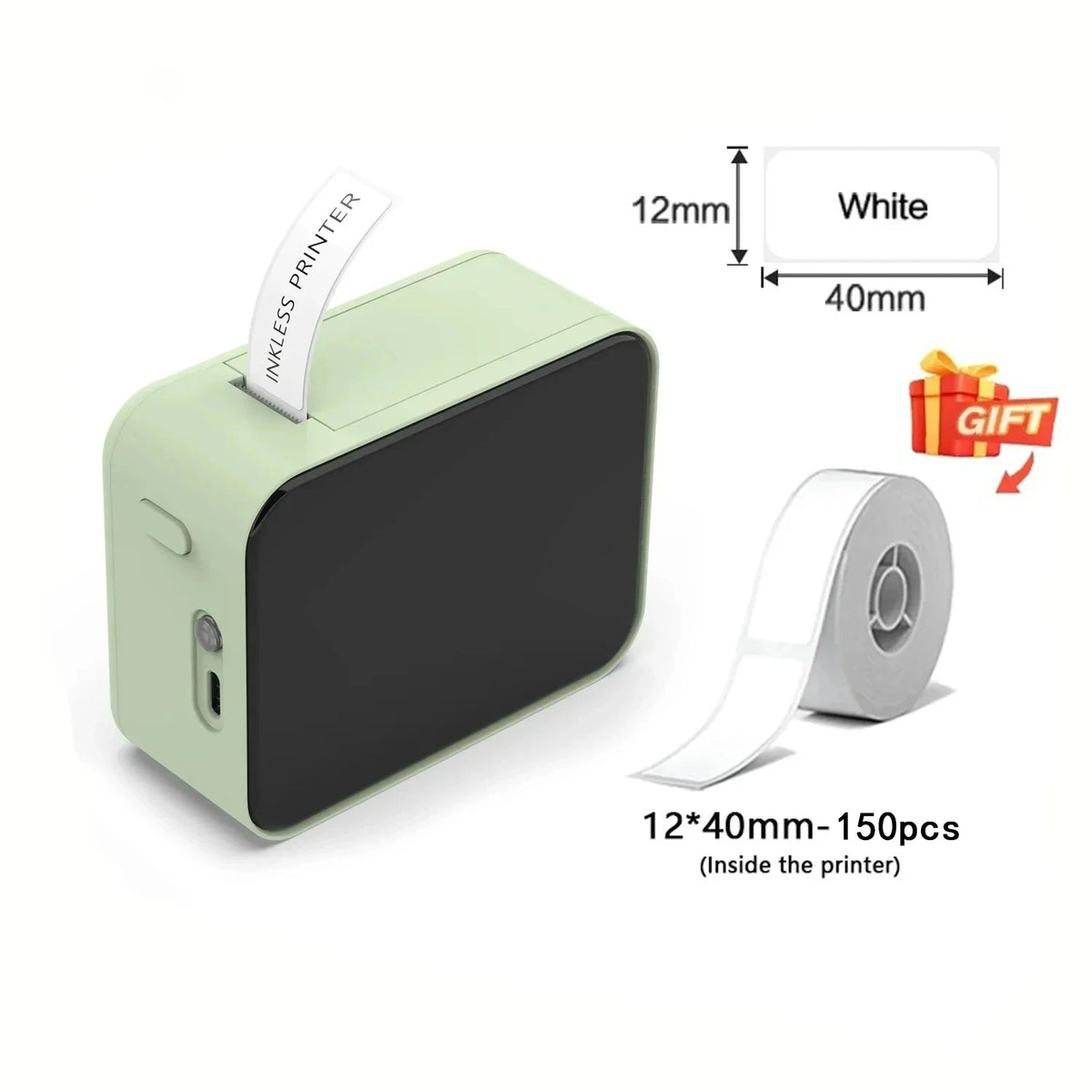 Compact green and black thermal printer with a white label emerging from the top, suitable for home and office labeling.