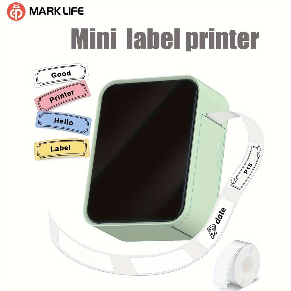 Compact mint green thermal printer with a sleek design, displaying colorful label stickers like "Good," "Printer," and "Hello.