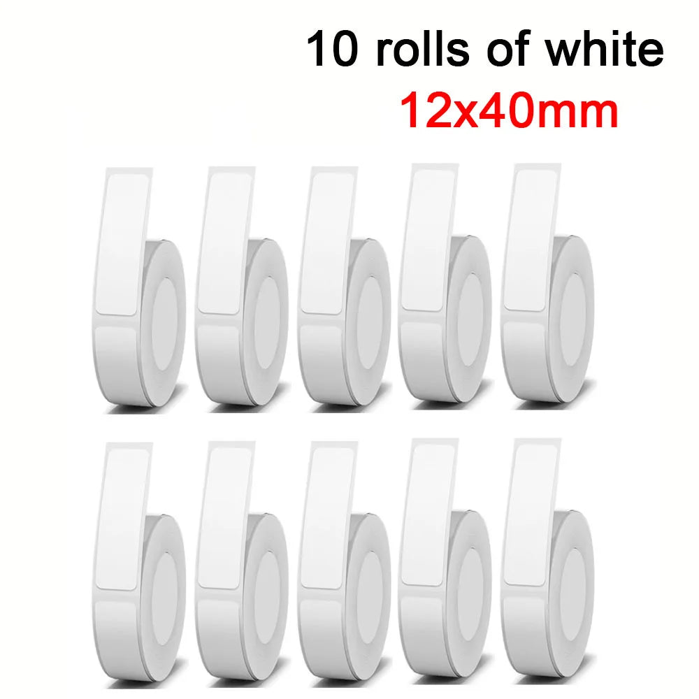 Ten rolls of white thermal printer labels, each measuring 12x40mm, stacked neatly in two rows.
