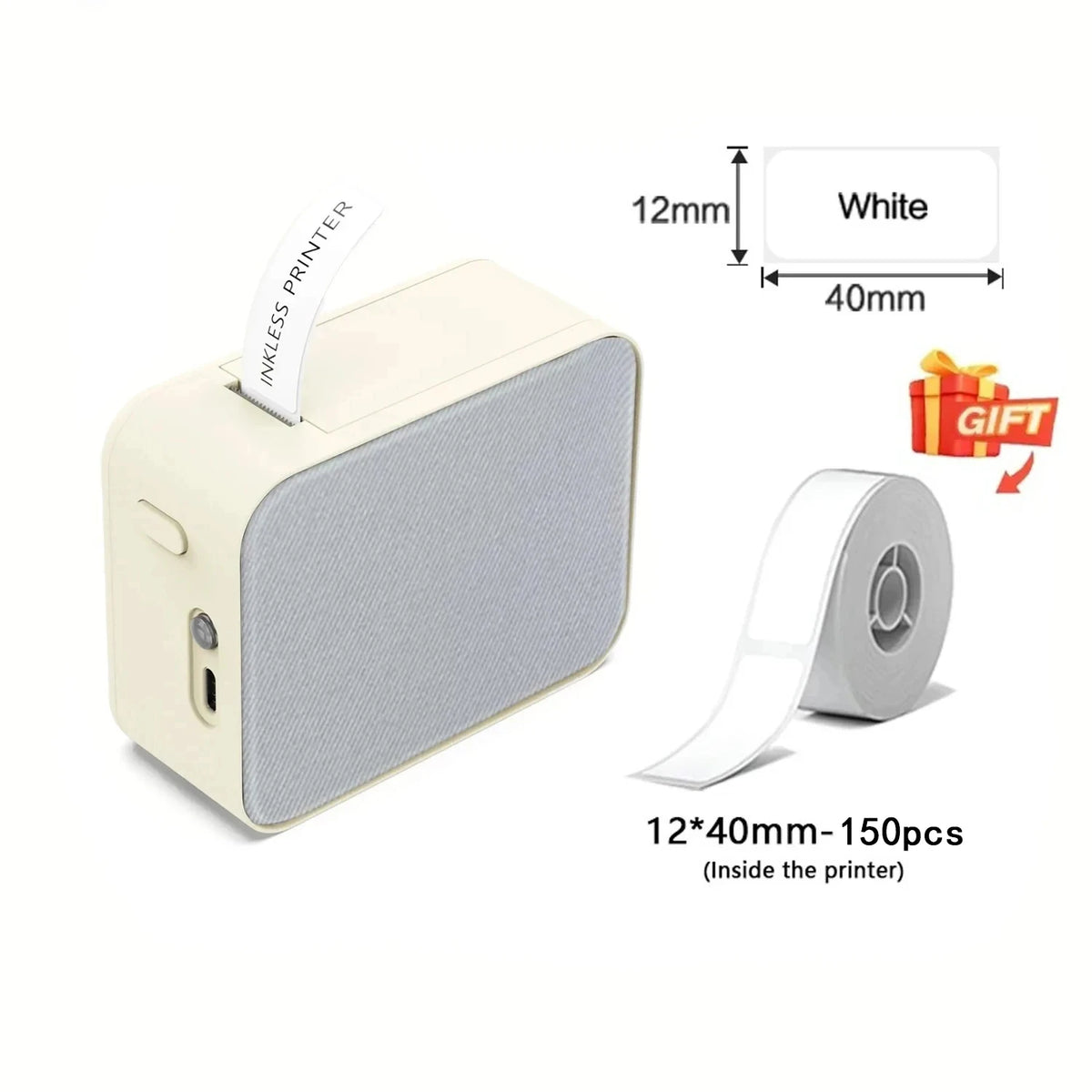 Mini portable thermal printer in cream with gray fabric finish, featuring a white label emerging from the top.