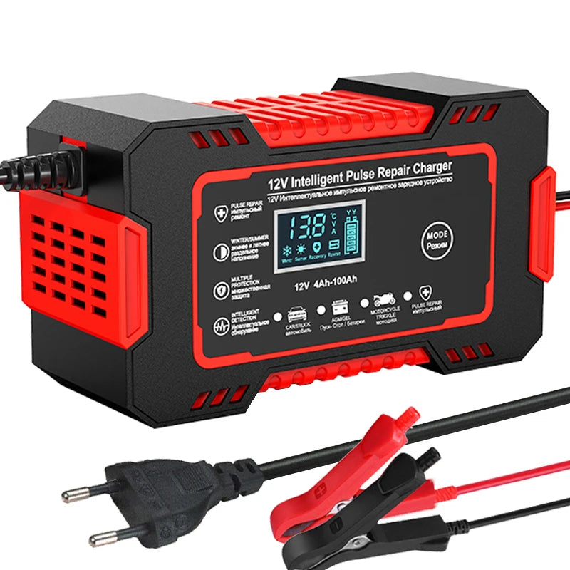 🔋 12V 6A Smart Car Battery Charger with LCD Display & Pulse Repair
